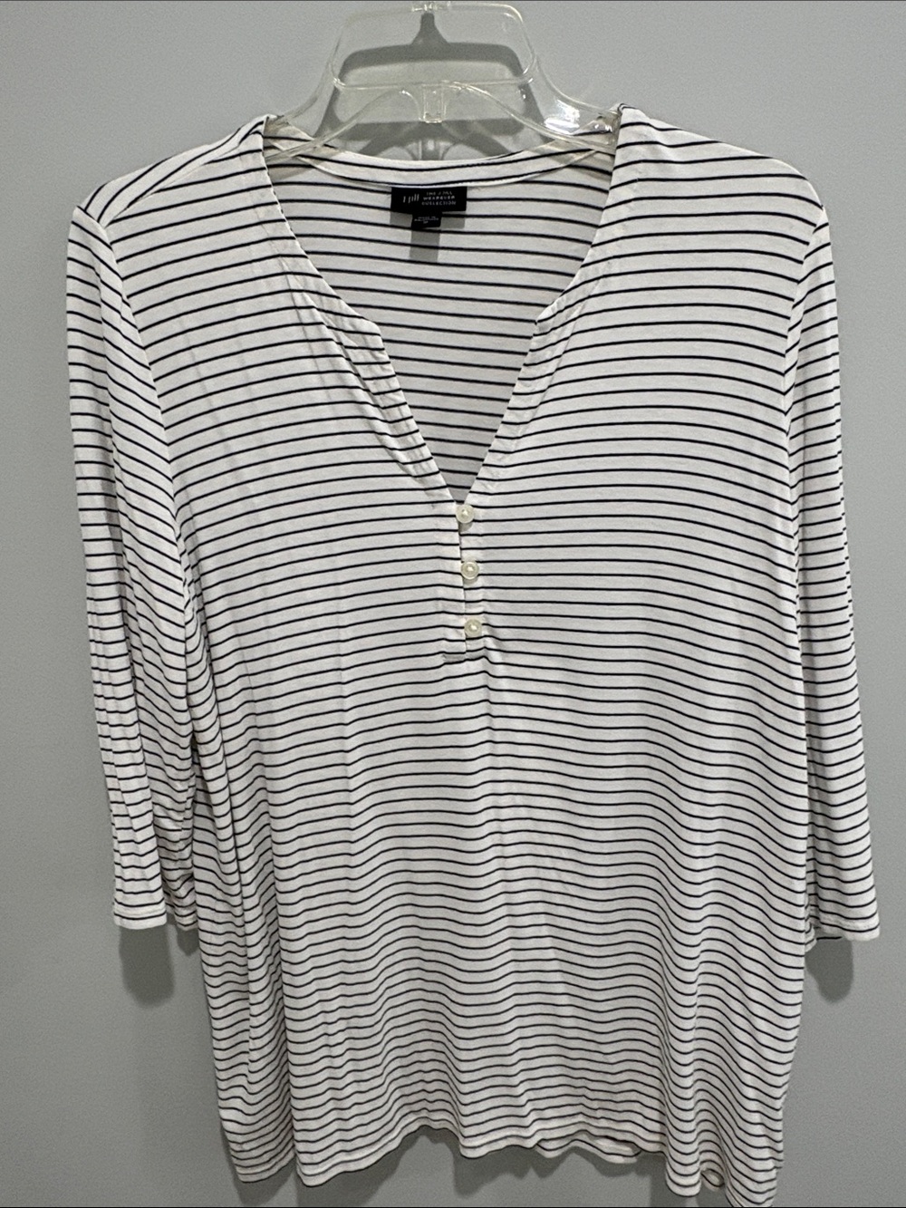 J Jill  White Top with Thin navy stripes and Henley Placket